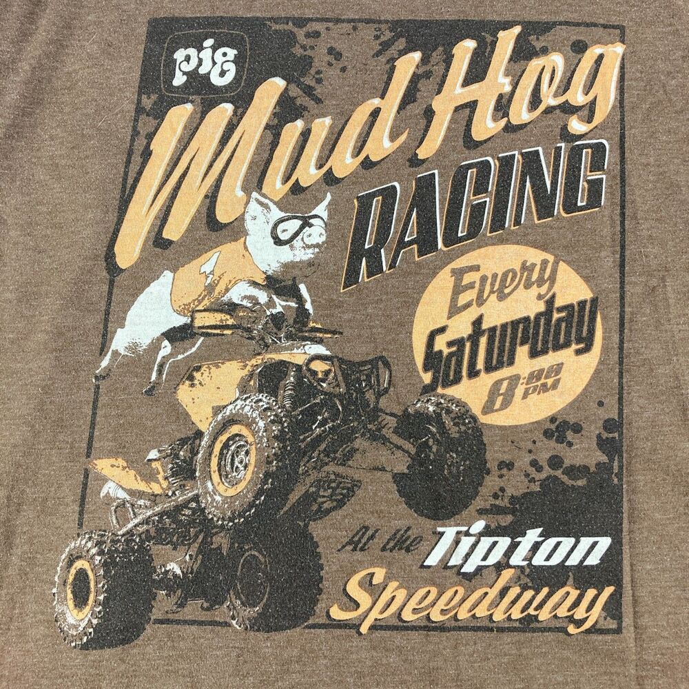Mud Hog Racing T Shirt Mens L Brown Pig ATV Tipton Speedway Made USA Long Sleeve